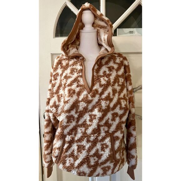 VS Pink Sherpa Oversized Pullover Hoodie V-neck in Brown White, Sz XS - Picture 1 of 16